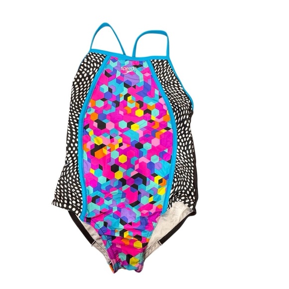 Speedo Girls Diamond Geo Splice One Piece Swimsuit Rainbow Brights Size 10 - Picture 1 of 7